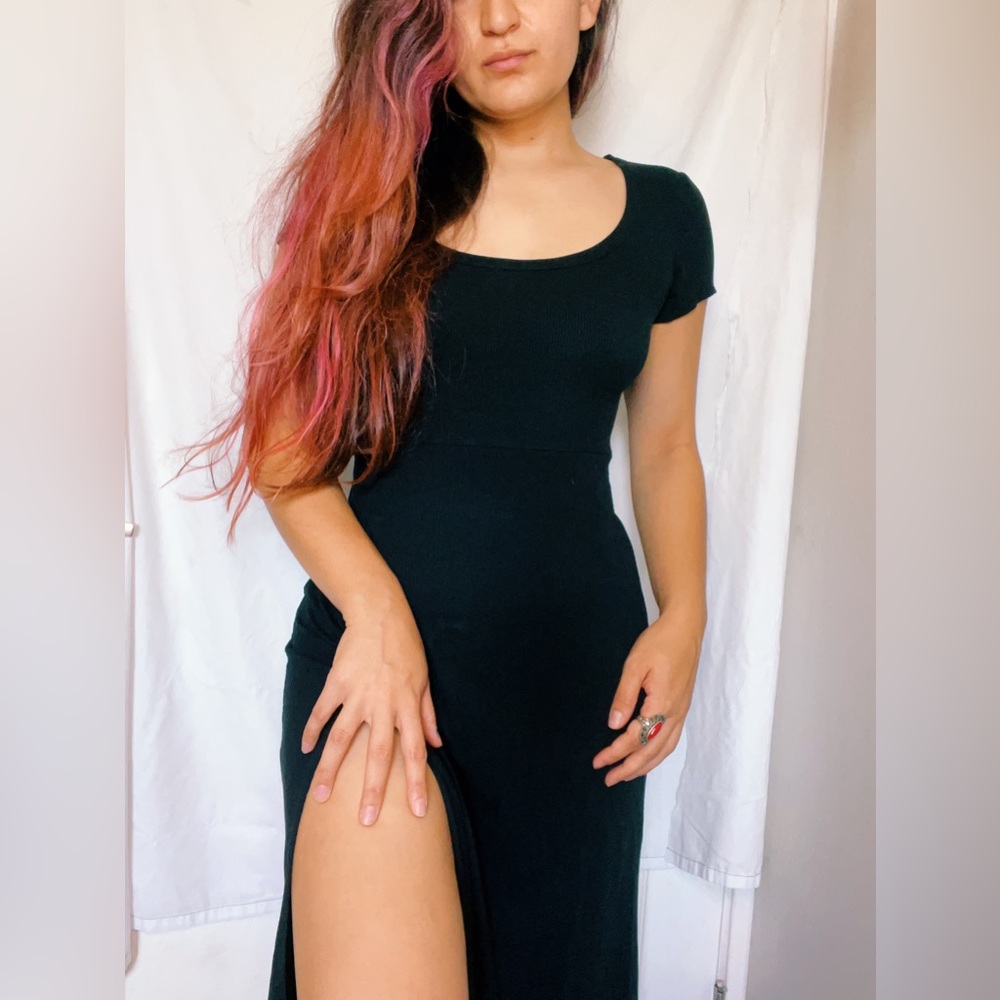 Classic Stretchy Ribbed Black Dress w/ Leg Slit
